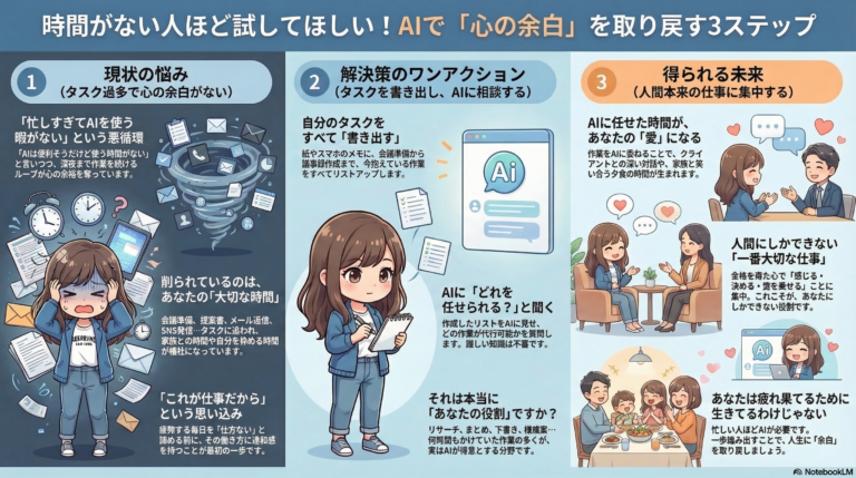 「時間がないからAIに触れられない」——その言葉、一番もったいないです